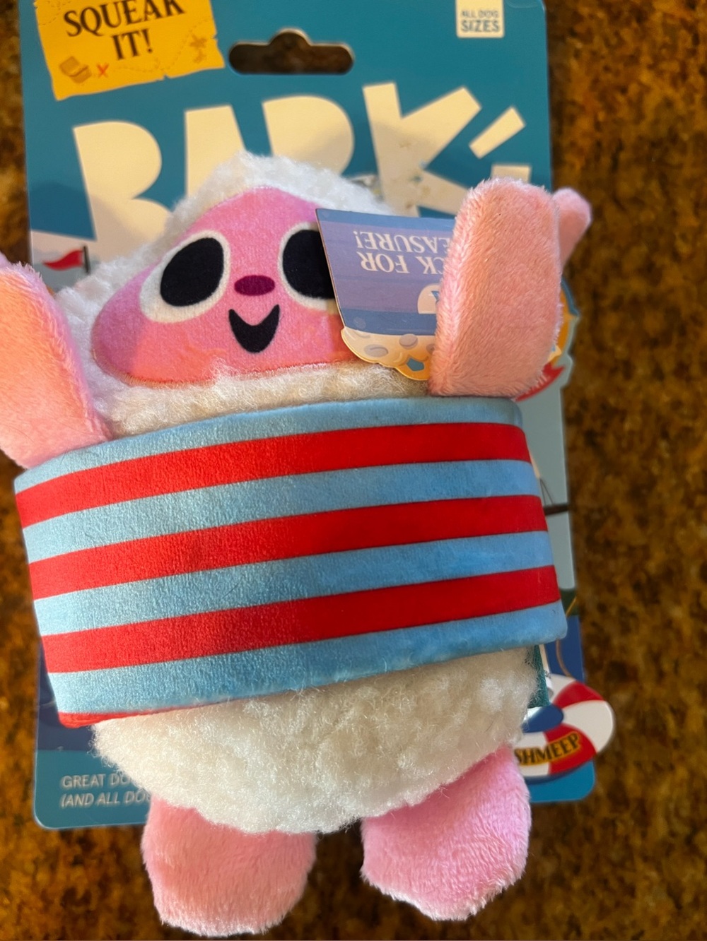 BARK Plush Pirate Mr. Shmeep Lamb Squeaky Dog Toy - Striped “sniffin booty”